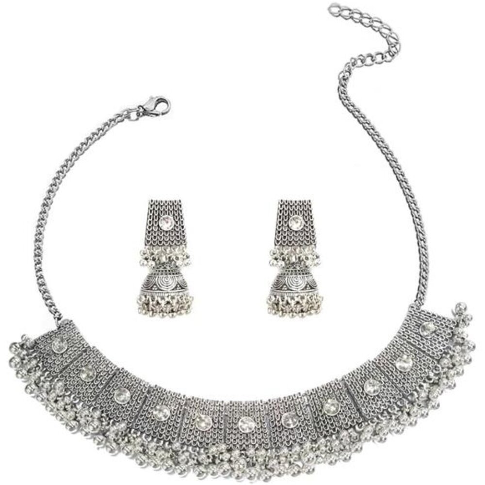 Boho Antique Silver Jewelry Set  Cubic Zirconia Crystal Elegant Embellishment